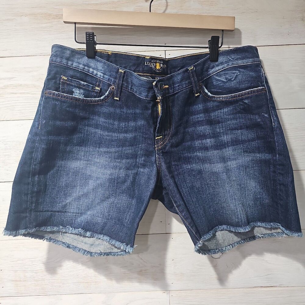 Lucky Brand Women 12/31 Riley Denim Shorts Bermuda Raw Hem Low Rise Stretch